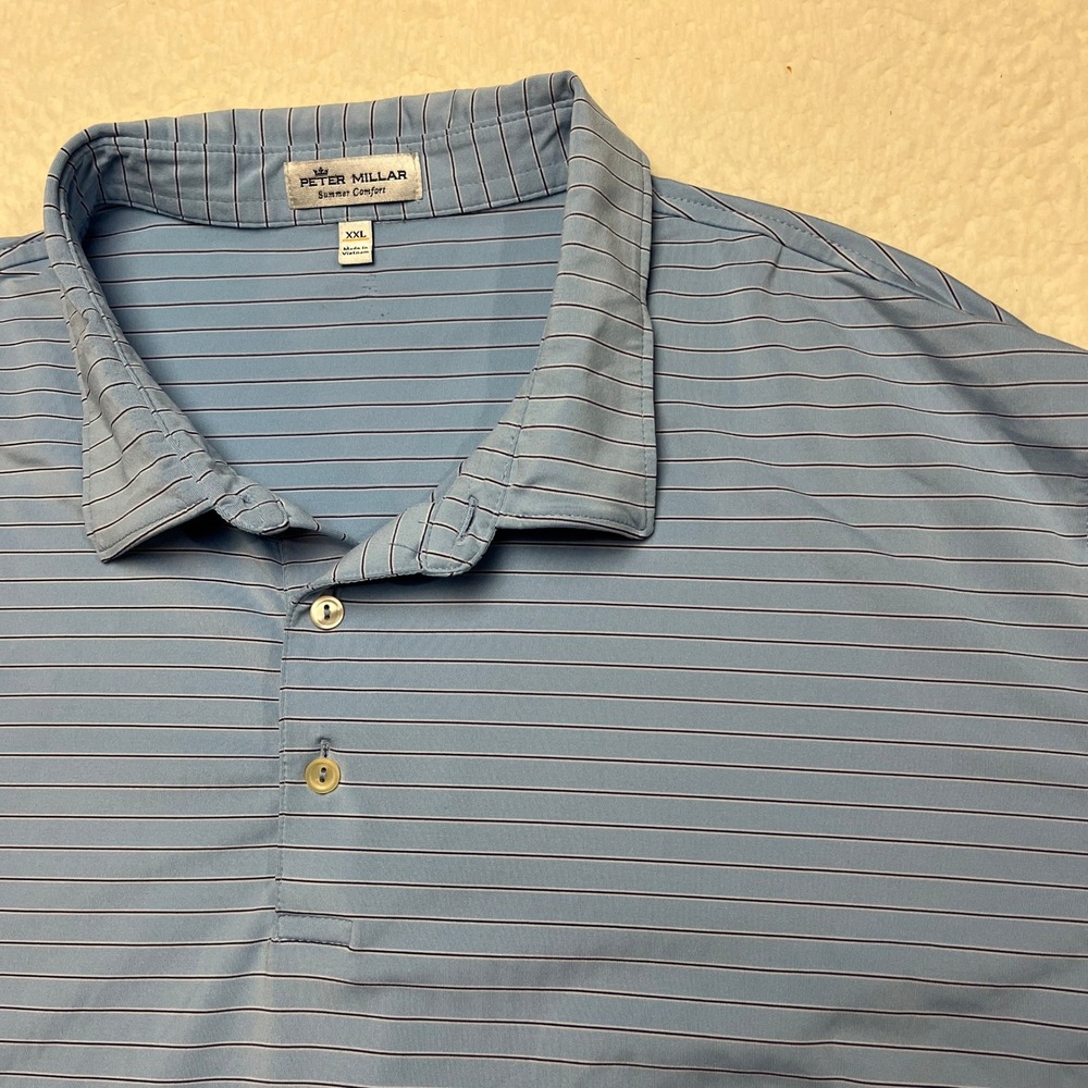 Peter Millar Polo Mens XXL Blue Summer Comfort Olde Stone Striped Short Sleeve